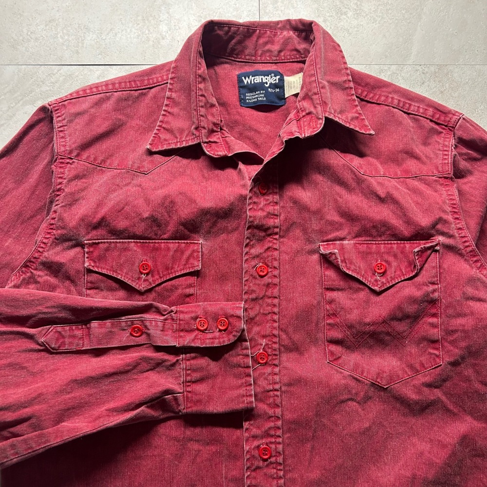 Wrangler Western Shirt Red Mens 15.5-34 Regular Fit Brushpopper Long Tail Cotton